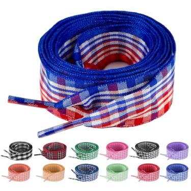 Imagem de UamGlsob Cadarços de sapato de fita de guingão de 25 mm, xadrez xadrez cetim chiques lindos cadarços de substituição para tênis feminino, Vermelho - azul, 39"/100cm