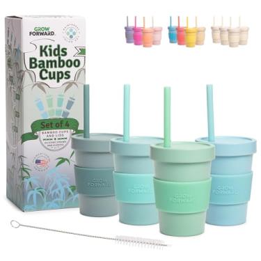Imagem de Grow Forward Copos infantis de bambu com tampas e canudos - Copos de 290 ml para crianças com tampas torcidas à prova de crianças e canudos de silicone - Ecológico, livre de BPA, não tóxico e seguro