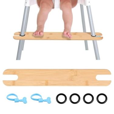 Imagem de Apoio para os pés para cadeira alta, antiderrapante, ajustável, de bambu natural, descanso para os pés para cadeira alta para bebês, com anel de borracha e anel de fixação azul para uma refeição mais