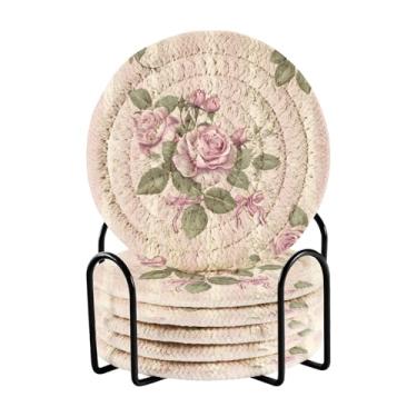 Imagem de Wassud Porta-copos com suporte listrado, padrão rosa, tecido absorvente, conjunto de porta-copos para decoração de casa, proteção de mesa, 6 peças