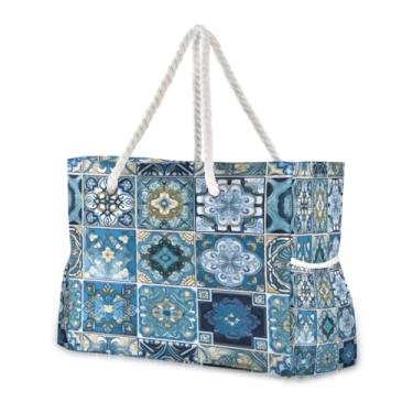 Imagem de Wassud Bolsa de praia grande para mulheres, azulejo ornamentado azul (3) bolsa de viagem à prova d'água à prova de areia com zíper e bolso bolsa de acampamento para piscina academia