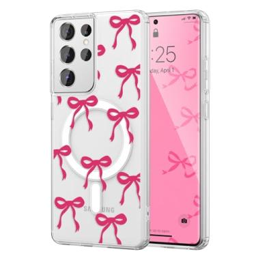 Imagem de UEEBAI Capa magnética para Samsung Galaxy S21 Ultra 5G, capa de arco compatível com MagSafe, fita fina transparente sem fio, capa protetora antiamarelamento à prova de choque para mulheres e meninas