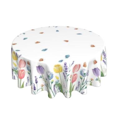 Imagem de Toalha de mesa redonda floral de primavera 187 cm, toalhas de mesa decorativas de flor de lavanda tulipa resistente a manchas de poliéster linda toalha de mesa para festas de fim de ano, cozinha