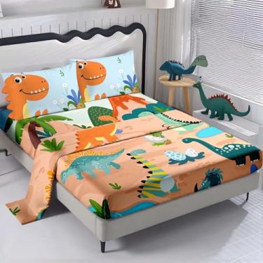 Imagem de NiuOne Jogo de cama Queen de dinossauros 3D com desenho animado infantil, 4 peças, dinossauros, fronhas 3D, decoração de quarto, tamanho Queen