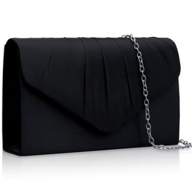 Imagem de Larcenciel Elegante bolsa clutch feminina de cetim preto para noite, bolsas plissadas de festa com alça de corrente destacável, bolsa feminina formal para casamento, coquetel, baile, baile, 23 x 13 x