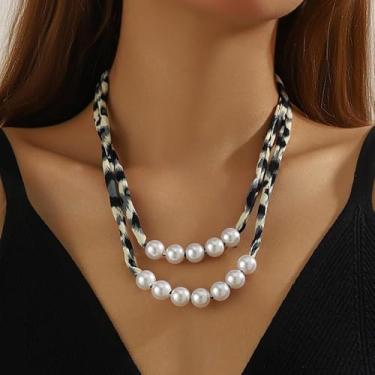 Imagem de Colar de cachecol de leopardo com pingente de coração de laço de pérola, pingente de bandana em camadas douradas, joia boho para mulheres, acessório moderno, Medium, Latão, Sem Pedra Preciosa