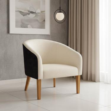 Imagem de Poltrona Sala Stella Pé Madeira Trapézio Castanho Sintético PU Preto Linho Bege D03 - D'Rossi