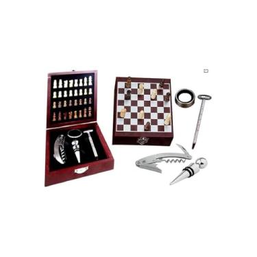 Imagem de Kit Abridor de Vinho com Jogo de Xadrez, Maleta em Madeira MDF, 32 Peças, Acessórios em Aço Inox, Marrom e Bege, 17x14cm