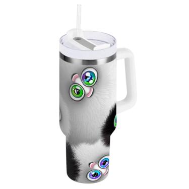 Imagem de ODAWA Copo grande preto e branco de aço inoxidável isolado a vácuo com alça e tampa de canudo copo de viagem isolado