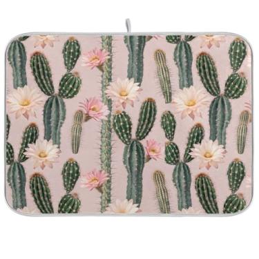 Imagem de Tapete de secagem de pratos rosa com flor de cacto para balcão de cozinha, 45 cm x 61 cm, almofada de secagem rápida, escorredor de pratos, acessórios de cozinha