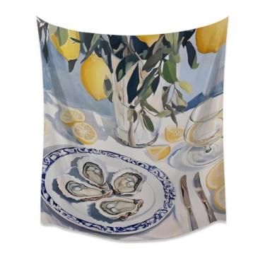 Imagem de Tapeçaria de parede retrô limão vinho ostra cozinha ilustração de mesa costeira neutra decoração de sala de jantar elegante bar de brunch arte pendurada para apartamento branco 127 x 152 cm