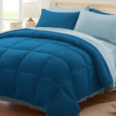 Imagem de Anluoer Conjunto de edredom solteiro, azul-petróleo e azul claro em uma bolsa, 5 peças, conjunto de cama leve com enchimento alternativo macio, conjunto de cama inclui edredom, lençol de cima, fronha