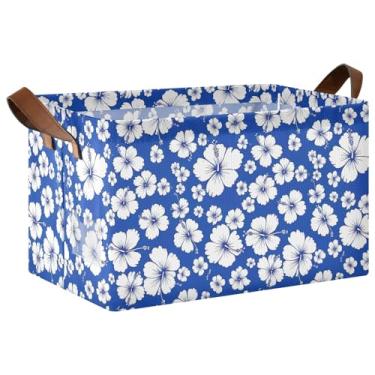 Imagem de Cesta de brinquedo dobrável para cães com alças, 43 x 29 x 25 cm, organizador de suéter azul com flores de hibisco para armário, pacote com 2