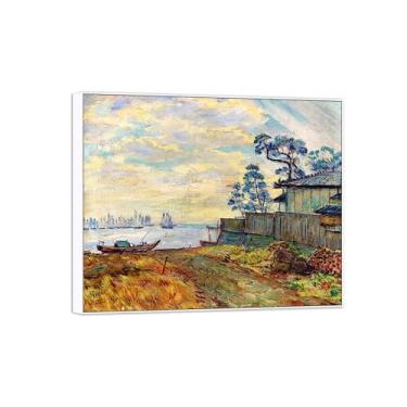 Imagem de David Burliuk famosas impressões em tela de arte de parede prontas para pendurar. Veleiros ao longo da costa. Pintura com moldura branca para decoração de sala de estar 80 x 95 cm 31 x 37 pol