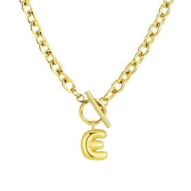 Imagem de Fiiuos Colar com inicial para mulheres, banhado a ouro 18 K, delicada, com pingente de letra bolha personalizada, corrente de elos grossos de clipe de papel com fecho de botão minimalista, joias de