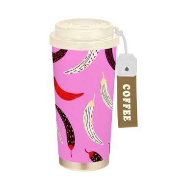 Imagem de TSENQUE Copo de café de viagem de 473 ml com revestimento cerâmico, copo de café de aço inoxidável com canudo e tampa de filp, copo isolado a vácuo, vermelho chili rosa