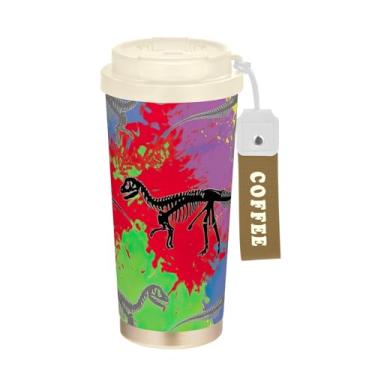 Imagem de TSENQUE Esqueletos de dinossauro de animais coloridos, copo de café de 473 ml com canudo e tampa, copo de parede dupla isolado a vácuo com revestimento cerâmico para escritório, escola, festa