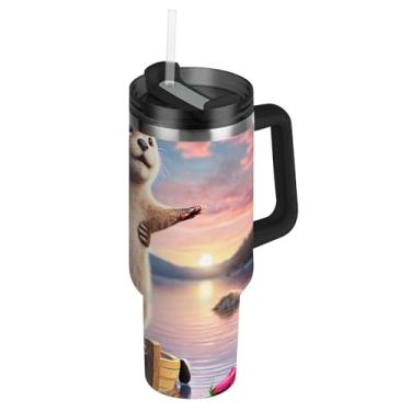 Imagem de Copo de 1,134 g com alça Copos de aço inoxidável com tampas e canudo Garrafa de água com isolamento térmico Garrafa de água para copo de carro Titanic Otter Romantic Love