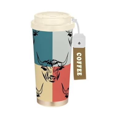 Imagem de TSENQUE Copo de café de 473 ml com revestimento cerâmico, copo de café de aço inoxidável com canudo e tampa de filme, copo isolado a vácuo, estampa colorida animal de touros
