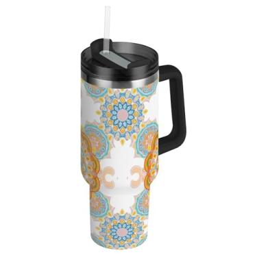 Imagem de Joisal Copos Mandalas Circular Floral Azul Laranja com Tampas e Canudos Copo Rosa com Alça 850 g Garrafa de Água Isolada Aço Inoxidável Carros Xícara de Café Bebida Quente
