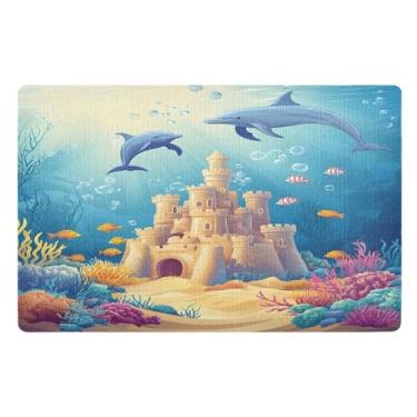 Imagem de Tapete de boas-vindas Sandcastle Ocean Blue para ambientes internos, tapete de cachorro para patas enlameadas durável e externo 81 x 50 cm