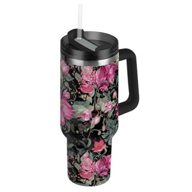 Imagem de Joisal Lindas flores rosa copos escuros com tampa e canudo à prova de vazamento 1,134 g copo com alça garrafa de água isolada carros de aço inoxidável caneca de café bebida quente