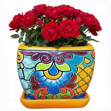 Imagem de Talavera Treasures - Vaso médio de cerâmica quadrada mexicana amarela pintada à mão para suculentas com pires de drenagem (19 x 19 x 16,5 cm)
