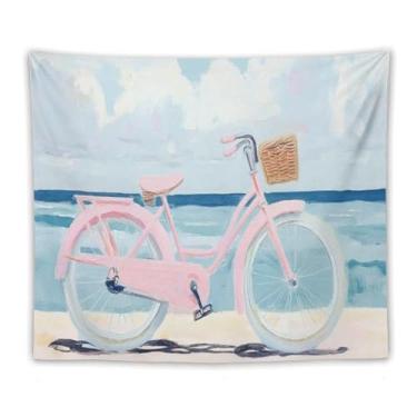 Imagem de Tapeçaria de parede de bicicleta rosa com cesta na praia decoração de verão litoral encantadora arte ao ar livre para sala de estar quarto pátio relaxante destaque pendurado na praia 102 x 152