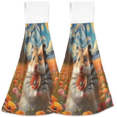Imagem de TSENQUE Toalhas de mão penduradas personalizadas para cozinha, linda flor de hamster, forno noturno estrelado, conjunto de 2 toalhas de cozinha modernas absorventes domésticas, 46 x 35 cm