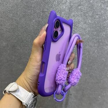 Imagem de Capa magnética transparente com cordão fofo de gato 3D para iPhone 16, 15, 14, 13, 12 ProMax Plus 11, capa com pulseira transparente, roxa, para iPhone 16 Pro