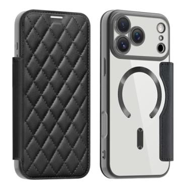 Imagem de SFDSUH Capa carteira de couro resistente a impactos com porta-cartões para iPhone 16 Pro Max, carregamento sem fio e capa magnética para celular (Para iPhone 16 Pro Max/Preto)