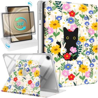 Imagem de Uppuppy Capa para Samsung Galaxy Tab A9+ - Capa inteligente com suporte giratório de 360 graus com suporte para lápis para mulheres, meninas, gatos e flores para tablet Samsung A9 Plus de 11 polegadas