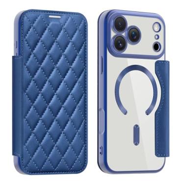 Imagem de SFDSUH Capa carteira de couro resistente a impactos com porta-cartões para iPhone 16 Plus, carregamento sem fio e capa magnética para celular (Para iPhone 16 Plus/Azul)
