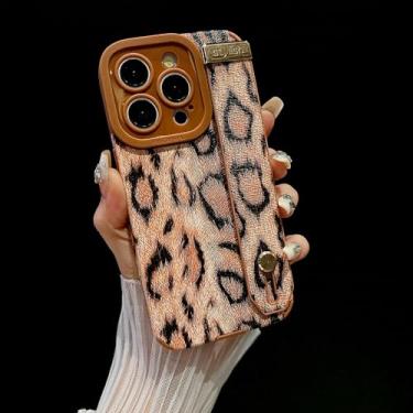 Imagem de IRTGFG Capa de silicone macio com suporte para pulseira de couro com estampa de leopardo para iPhone 15 (para iPhone 15/marrom)