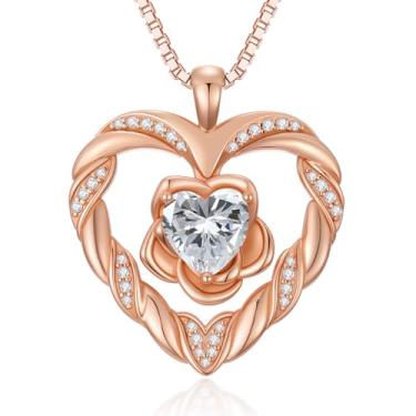 Imagem de WYDDO Colares de coração de flor rosa para mulheres, mãe, pedra do mês de nascimento, pingente, aniversário, Natal, Dia dos Namorados, joias presentes para sua esposa, filha, mãe, One Size, Base