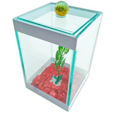 Imagem de Beteira Aquário Bettas Decorado 9x9x14cm Peixe, Enfeite Fácil Manutenção, Ideal para Quarto, Escritório Para Amantes de Peixes(Branco)
