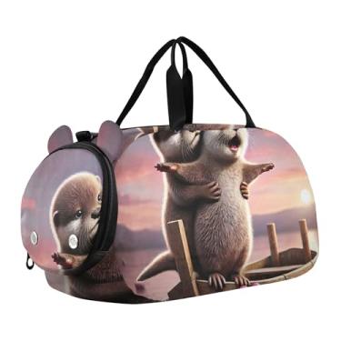 Imagem de Bolsa esportiva de viagem para meninos, fim de semana, bolsa de viagem para meninas, bolsa de viagem para dança, romântica, gato Titanic Love, Lindo barco de amor para casal lontra, Clássico