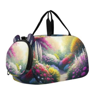 Imagem de Bolsa esportiva escocesa Highland com flores de vaca para meninas, bolsa de viagem noturna, compartimento de sapatos para meninos, Flores de jardim coloridas vibrantes, Clássico