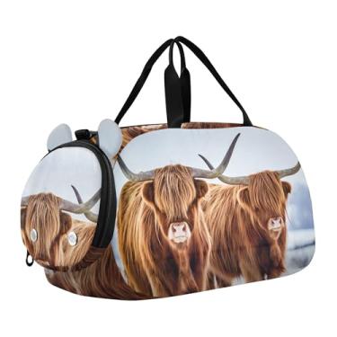 Imagem de Linda bolsa esportiva para meninos da floresta da Pomerânia para levar durante a noite para o fim de semana, bolsa de viagem para crianças, Highland Cows Snow, Clássico