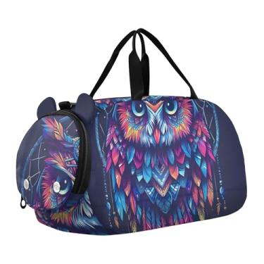 Imagem de Bolsa esportiva para meninos, bolsa de viagem noturna, bolsa de ginástica para crianças, sapos engraçados, cogumelos, penas de apanhador de sonhos de coruja boho, Clássico