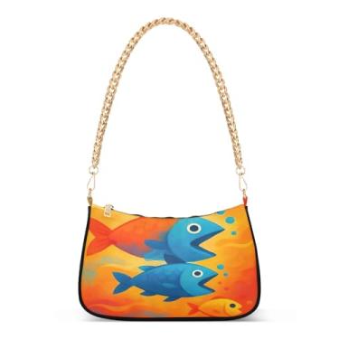 Imagem de Bolsa de ombro engraçada com estampa de peixe laranja azul, bolsa feminina Hobo, bolsa artística colorida para uso diário ou festa