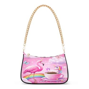Imagem de Linda bolsa de ombro rosa fantasia flamingo unicórnio corrente bolsa de mão Hobo impressão artística para mulheres, bolsa clutch moderna para todos os dias ou festas