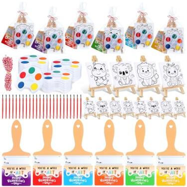 Imagem de Skyygemm 24 Sets Valentines Day Gifts for Kids Valentines Cards Mini Painting Canvas Panel with Wooden Easel Watercolor Paints Brush Kit for School Classroom Exchange Gifts(Animal)