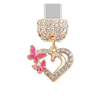 Imagem de ELISE & FONDA TP1006 Tipo-C Porta de Carregamento Cristal Antipoeira Plugue Pequeno Coração de Amor com Borboletas Pingente de Celular para iPhone 15/16/Samsung/OnePlus/Xiaomi/Oppo telefones Android