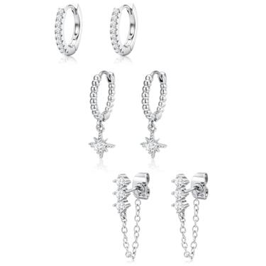Imagem de ZELORES 3 pares de brincos de argola banhados a ouro 14K para mulheres, conjunto de brincos de argola com pingente de corrente moderna, cartilagem de hélice, brincos para vários piercings, Cobre