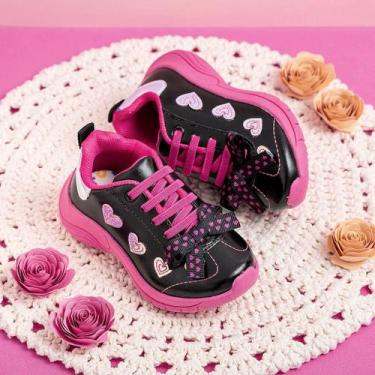 Imagem de Tênis Infantil Menina Pinokio Com Corações, 21, Preto, Pink