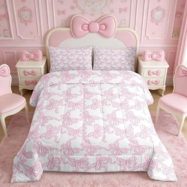 Imagem de Castle Fairy Conjunto de edredom com laço rosa, tamanho solteiro, kawaii, fita aquarela, coleção de cama macia, com gravata borboleta, para quarto de meninos e meninas, 2 peças