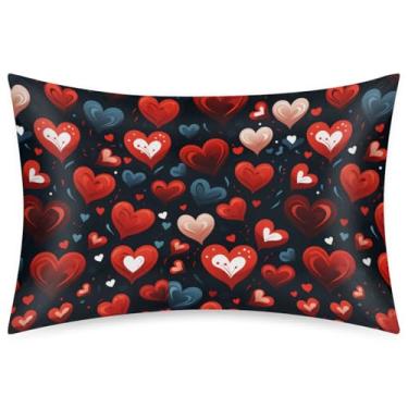 Imagem de Fronha de cetim para cabelo e pele, fronha de seda de coração com glitter vermelho com fecho de envelope, capa de travesseiro de tamanho padrão para quarto, sofá, decoração de casa, presente para