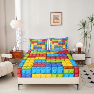 Imagem de Feelyou Jogo de cama solteiro, colorido, geométrico, tijolo geométrico, colorido, para decoração de quarto de crianças, meninos e meninas, meninos, meninas, lençol com elástico, lençol com elástico
