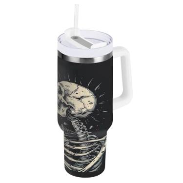 Imagem de SEHANY Copo Skull Gothic de 850 g com alça, copo isolado de aço inoxidável a vácuo de parede dupla, à prova de vazamento, copo de viagem isolado cabe no suporte de copo de carro